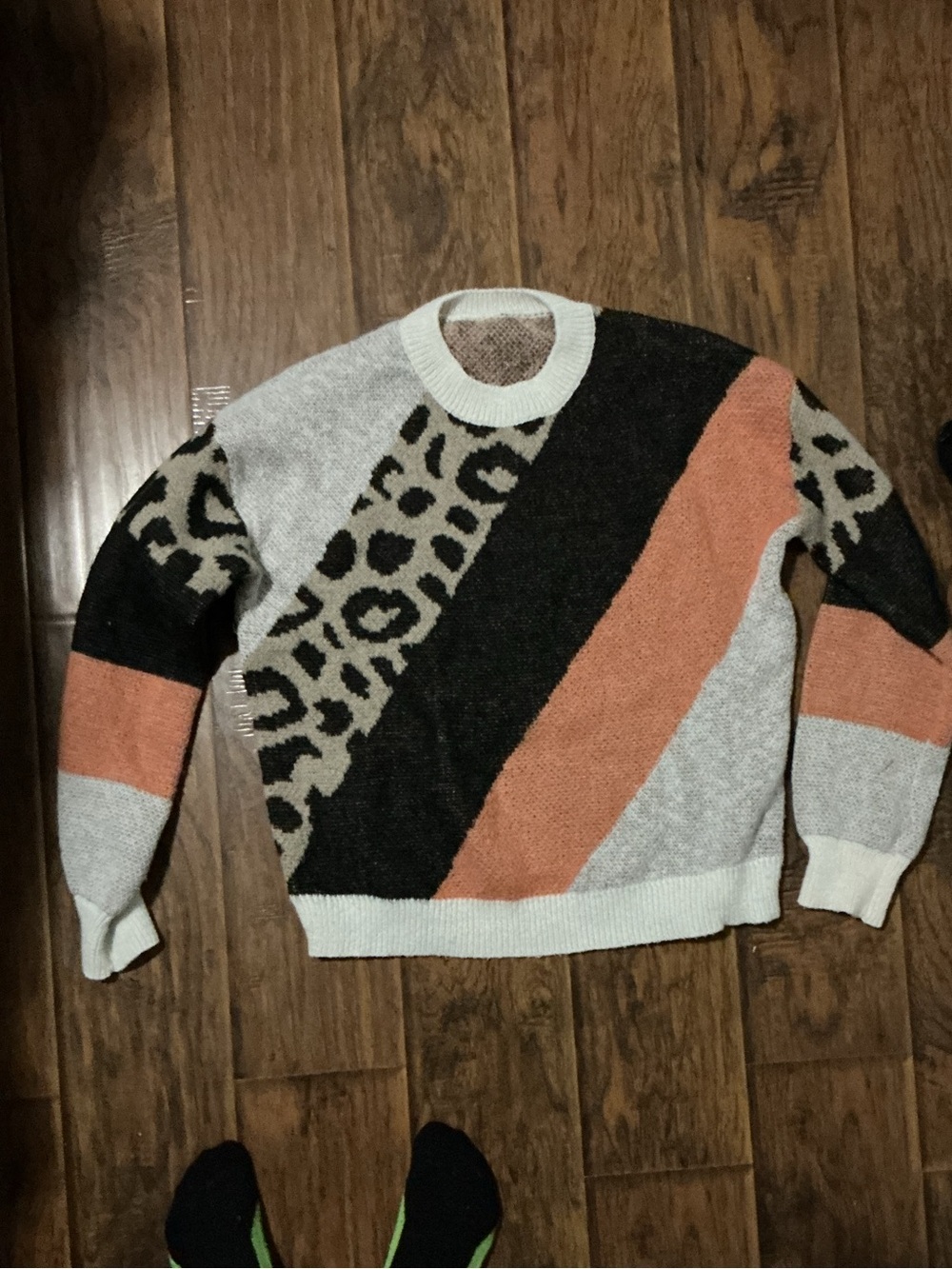 SHEIN Cream, Black & Brown Leopard Colorblock Crewneck Sweater with Rust Accent